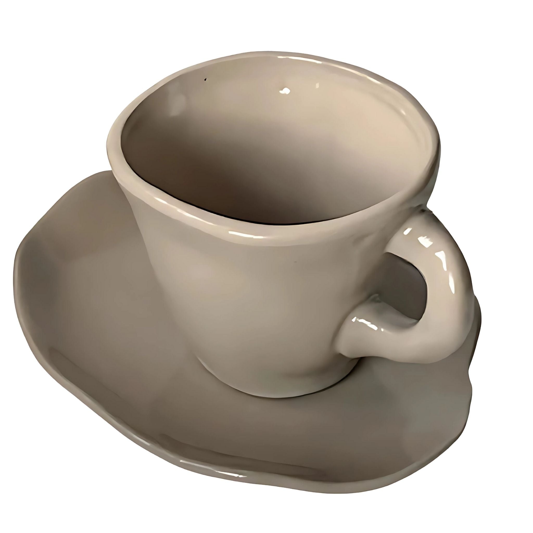 Beige, ceramic coffee mug with matching saucer.