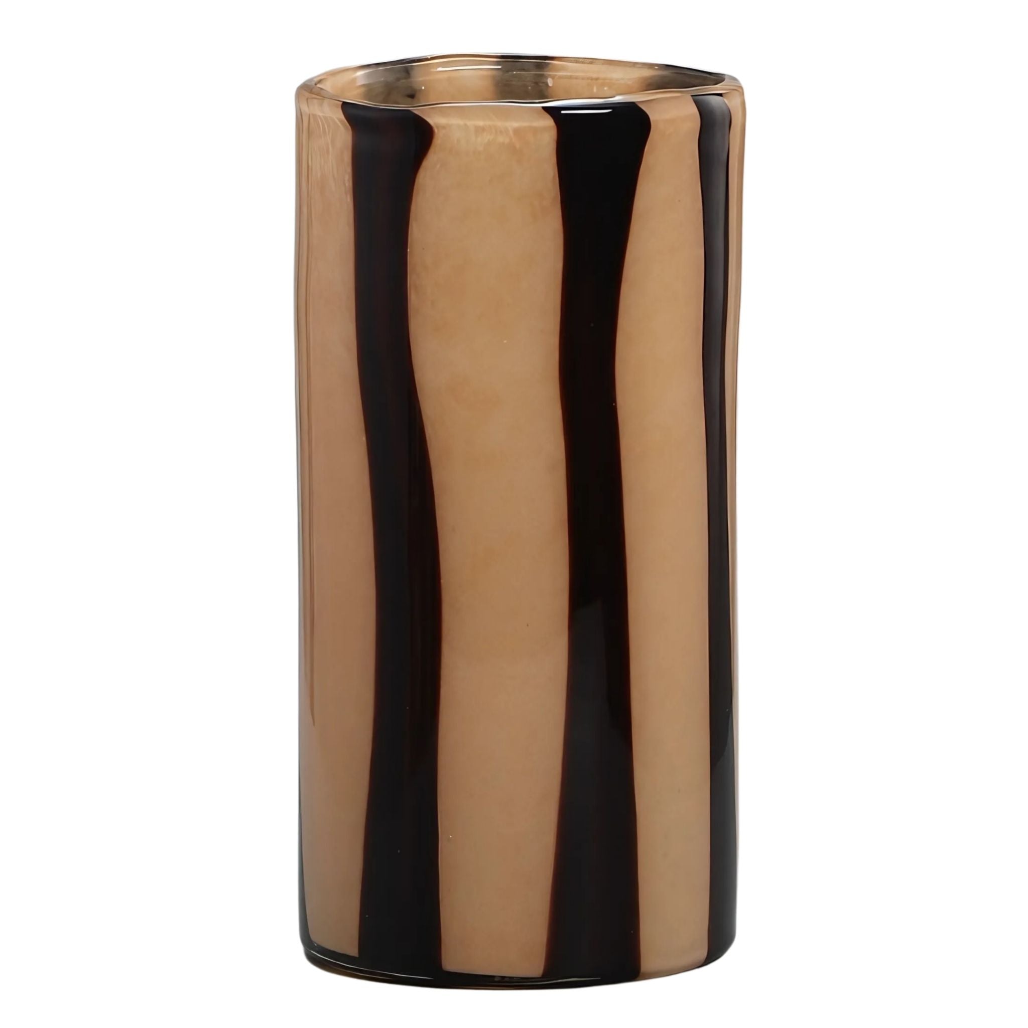 Beige, tall, glass vase with black stripes.