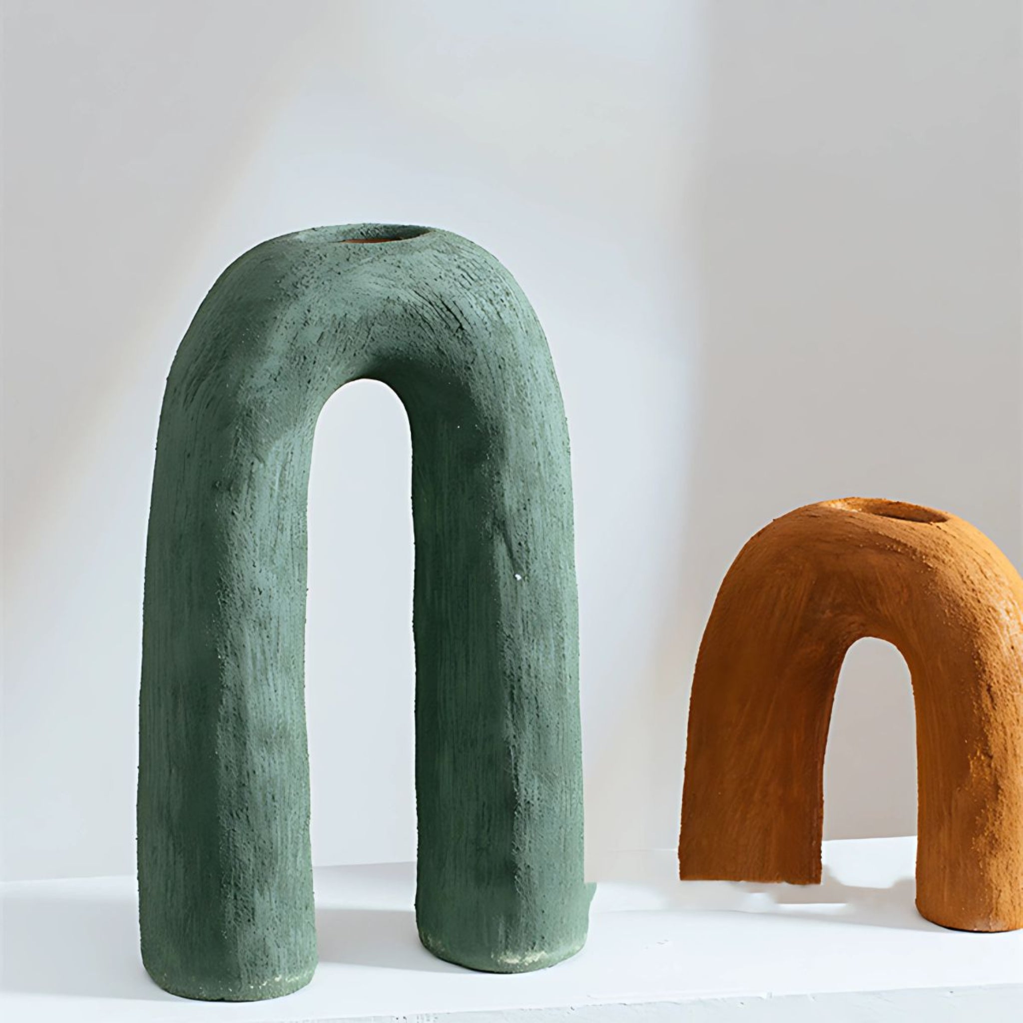Green & Burnt Orange U shape Ceramic Arch Vases.