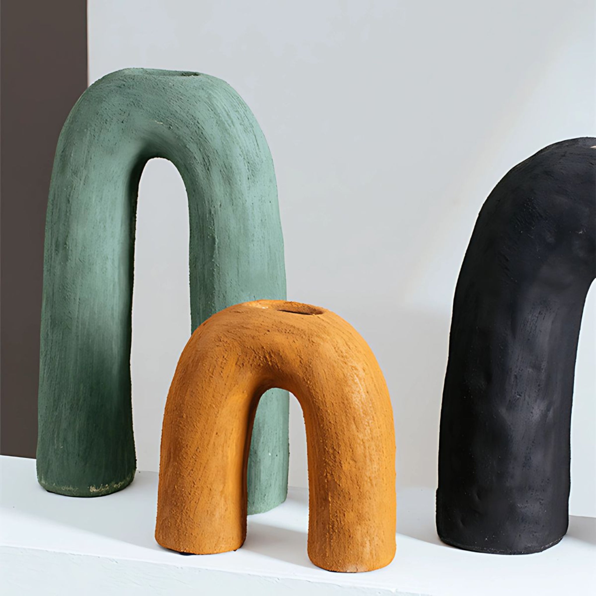 Green, Burnt Orange & Black Ceramic U shape Arched Decorative Vases.