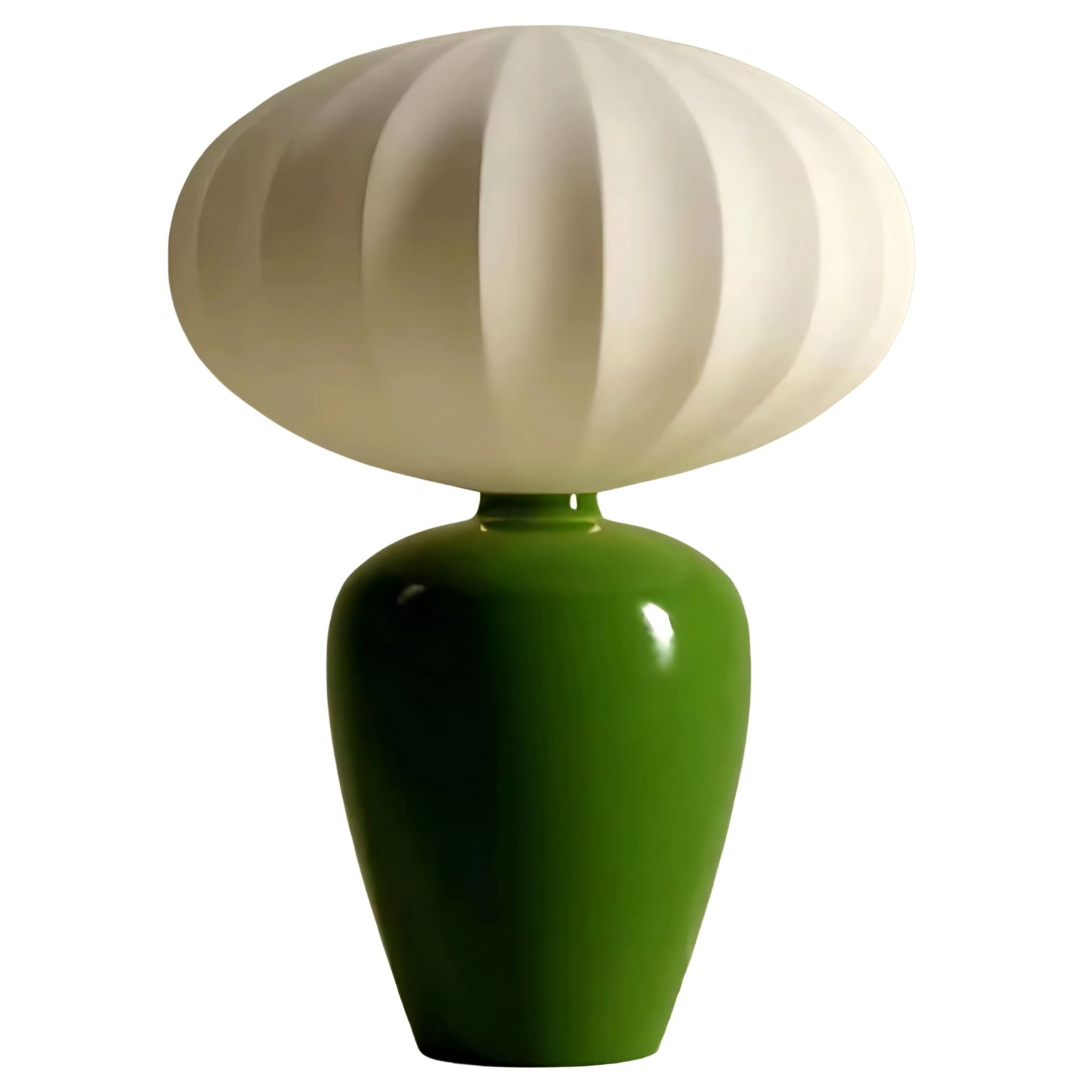 Decorative table lamp with green base and white, round fabric lamp shade.
