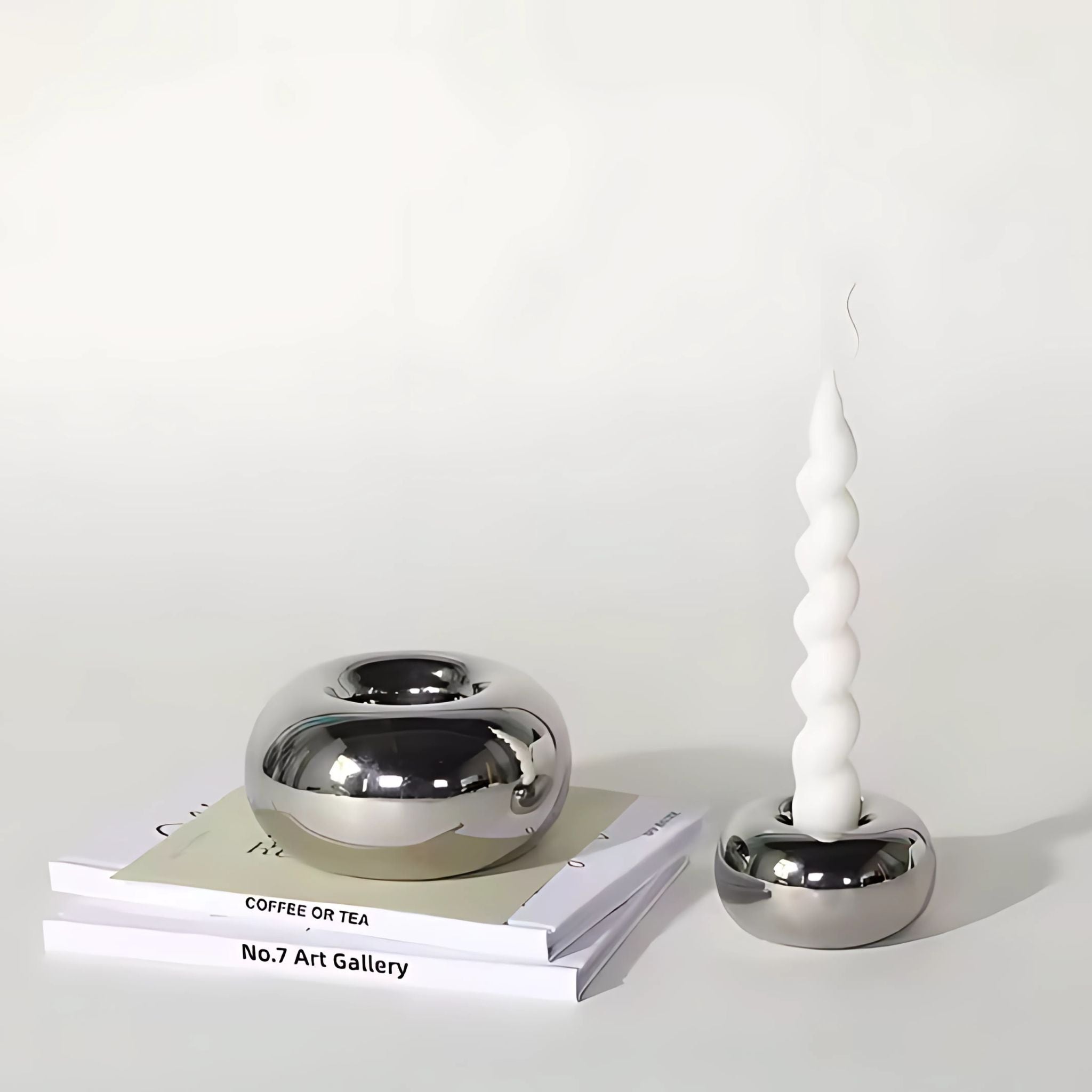 Silver, chrome orb candleholder, large and small - home decor.