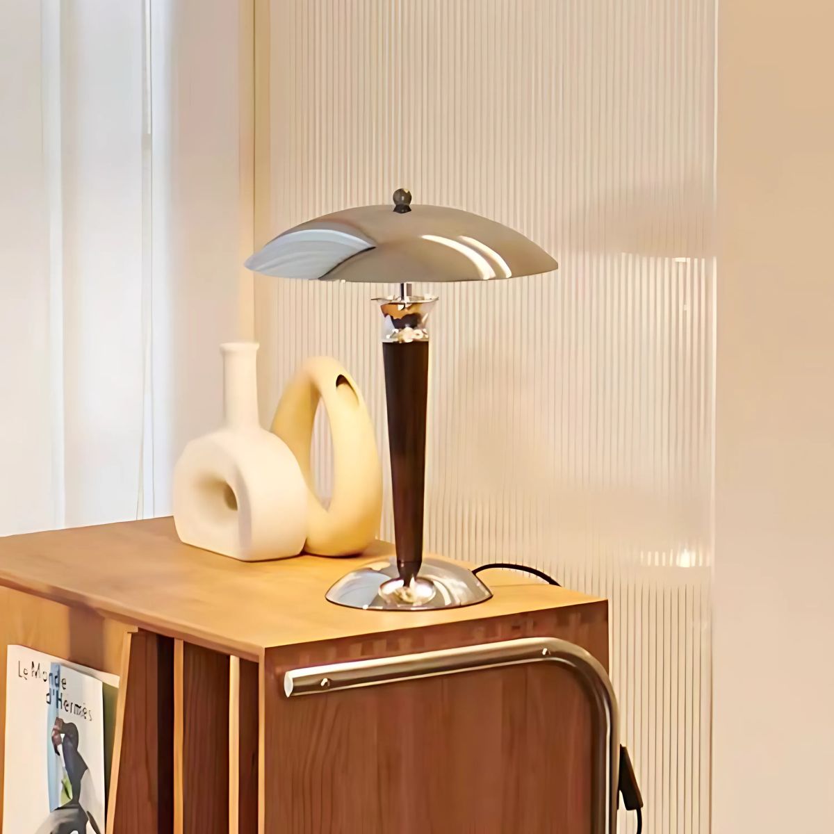 Modern nordic design living room with a wooden dresser with a silver steel table lamp.
