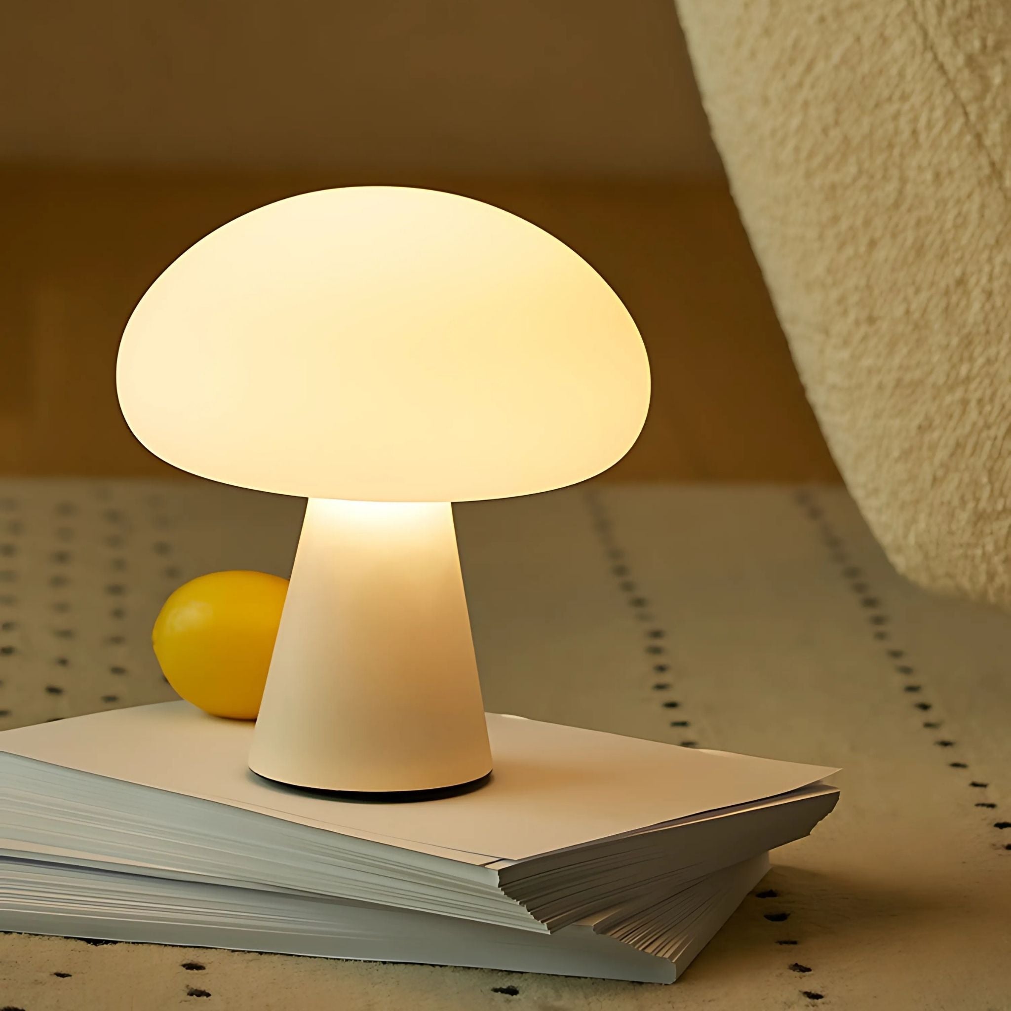 White, mushroom design cordless table lamp on floor.