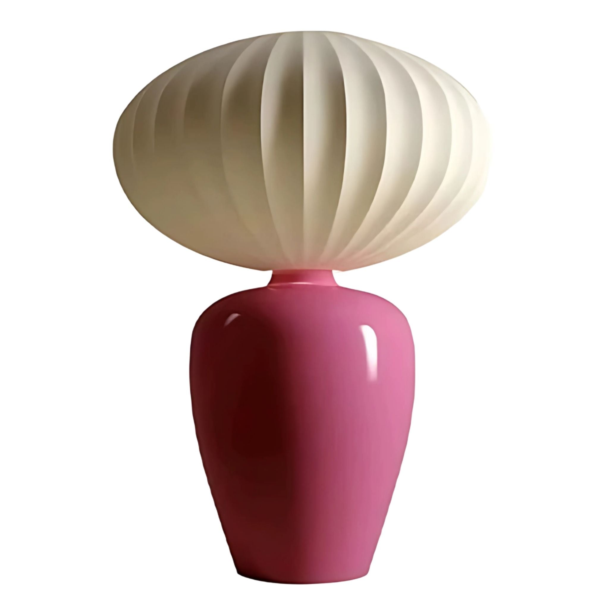 Table lamp with pink. ceramic base and white. round fabric lamp shade.