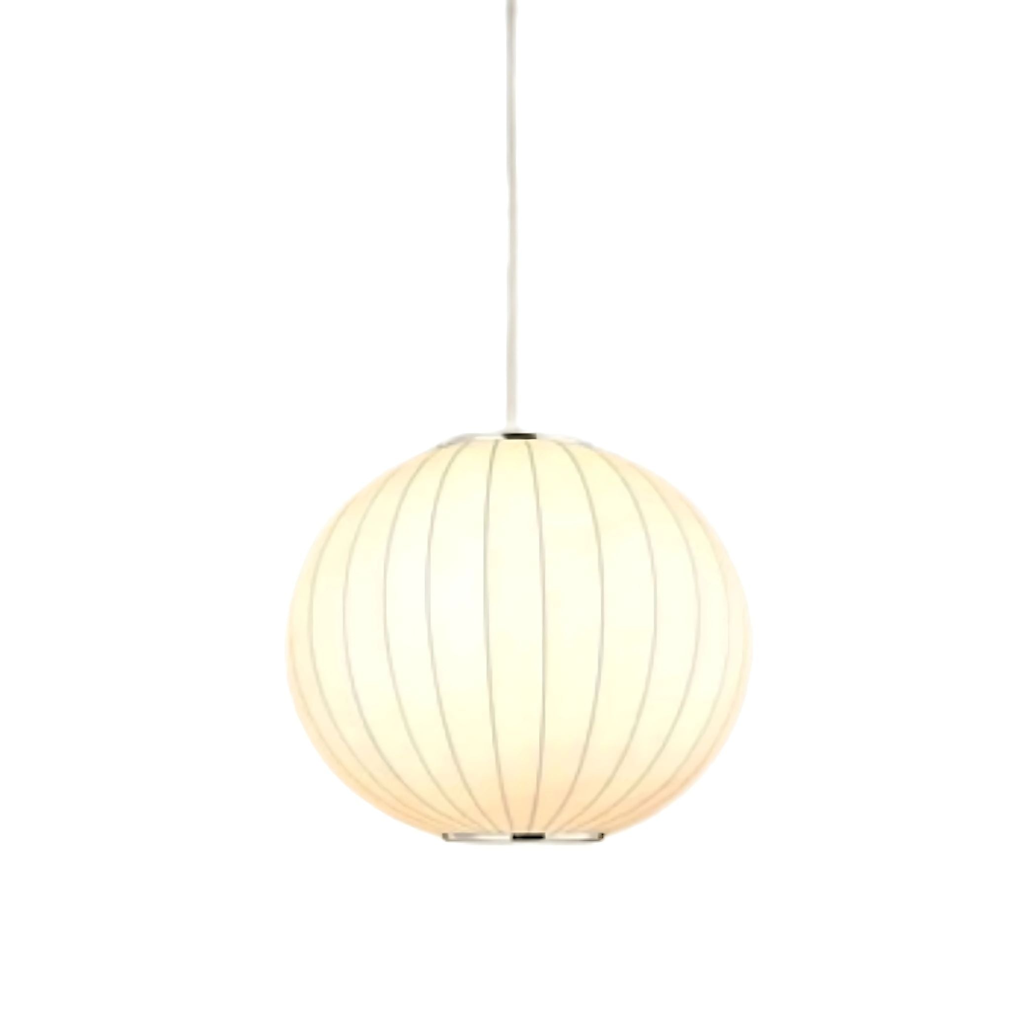 Round, ball, pendant ceiling lighting with white fabric lamp shade.