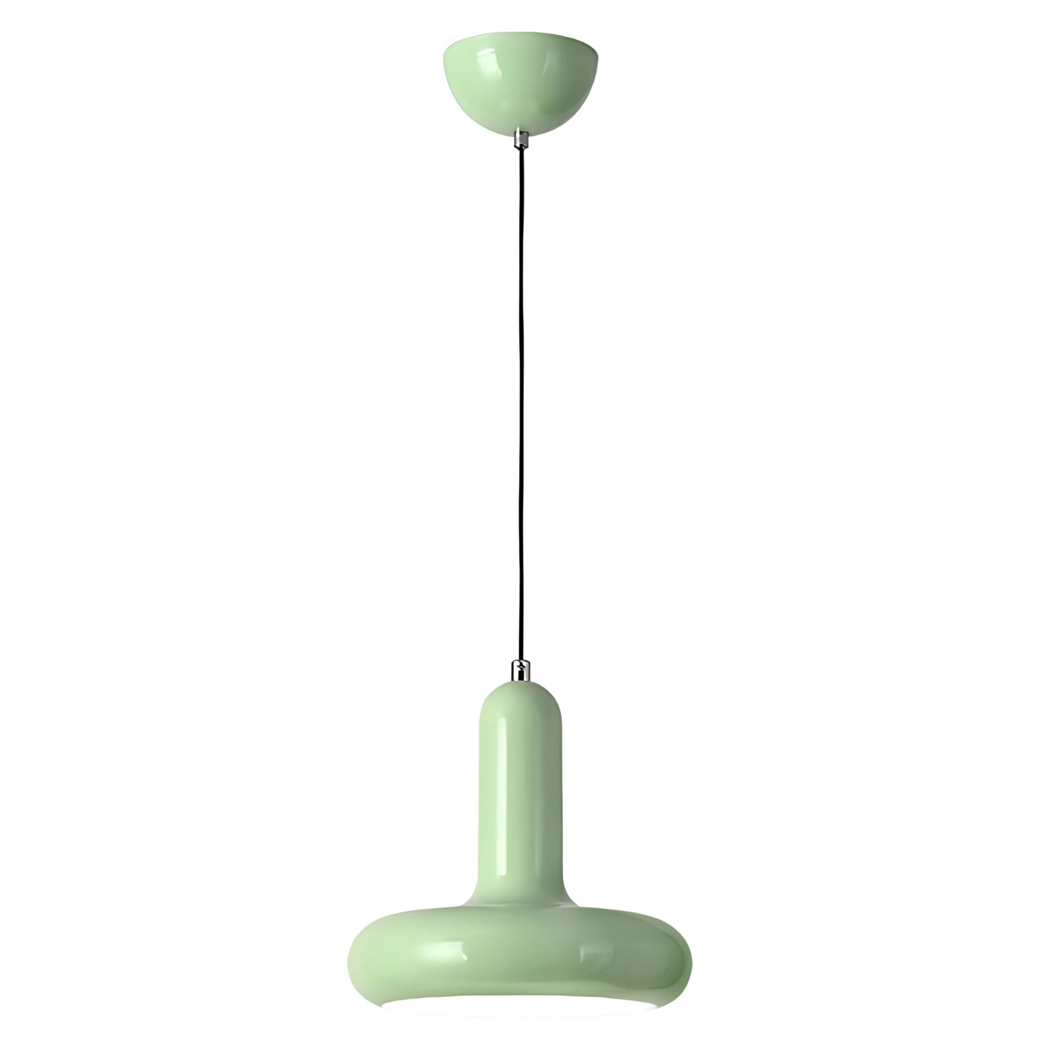 A mint green, metallic, Bauhaus inspired design ceiling pendant lamp.