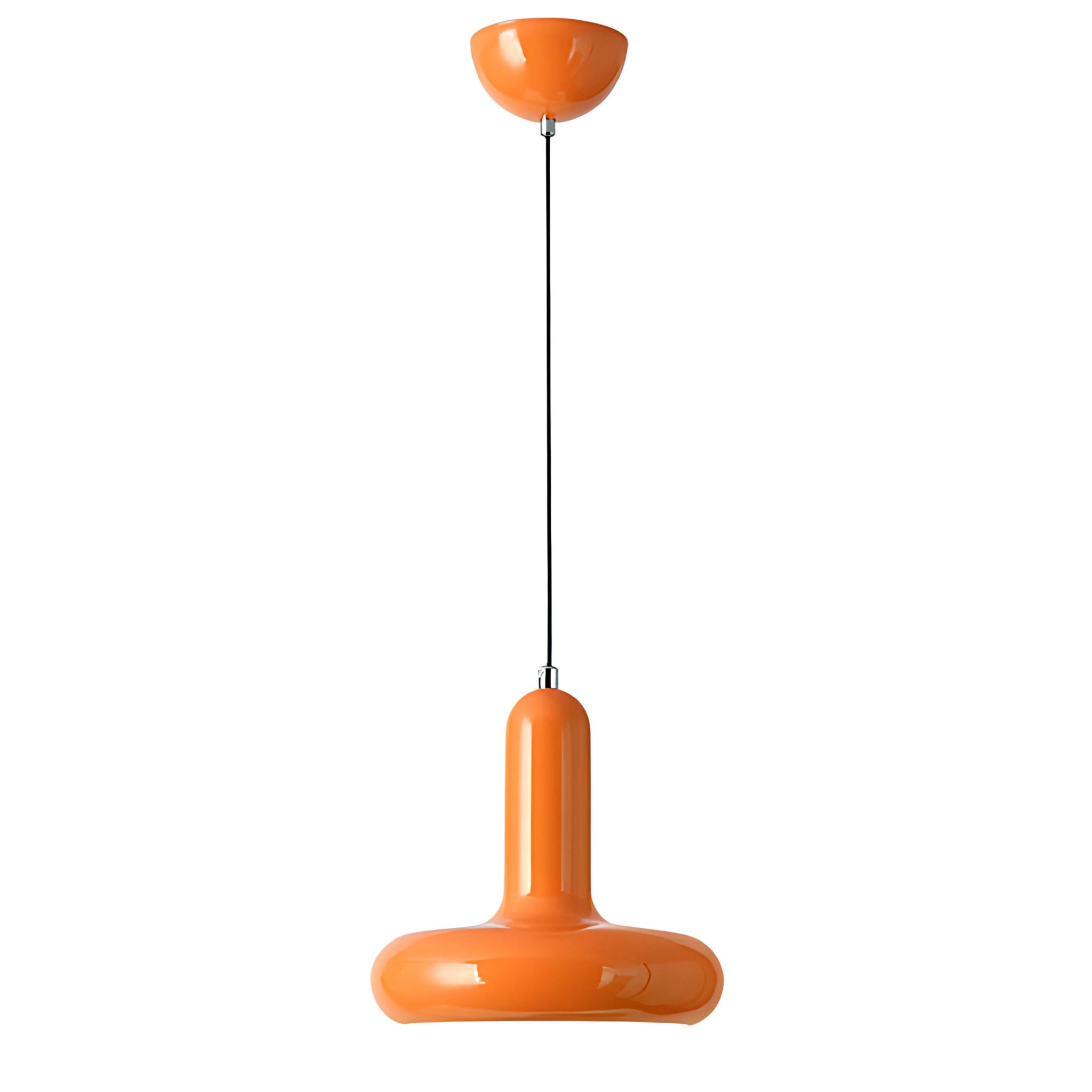 An orange, metallic, Bauhaus inspired design ceiling pendant lamp.