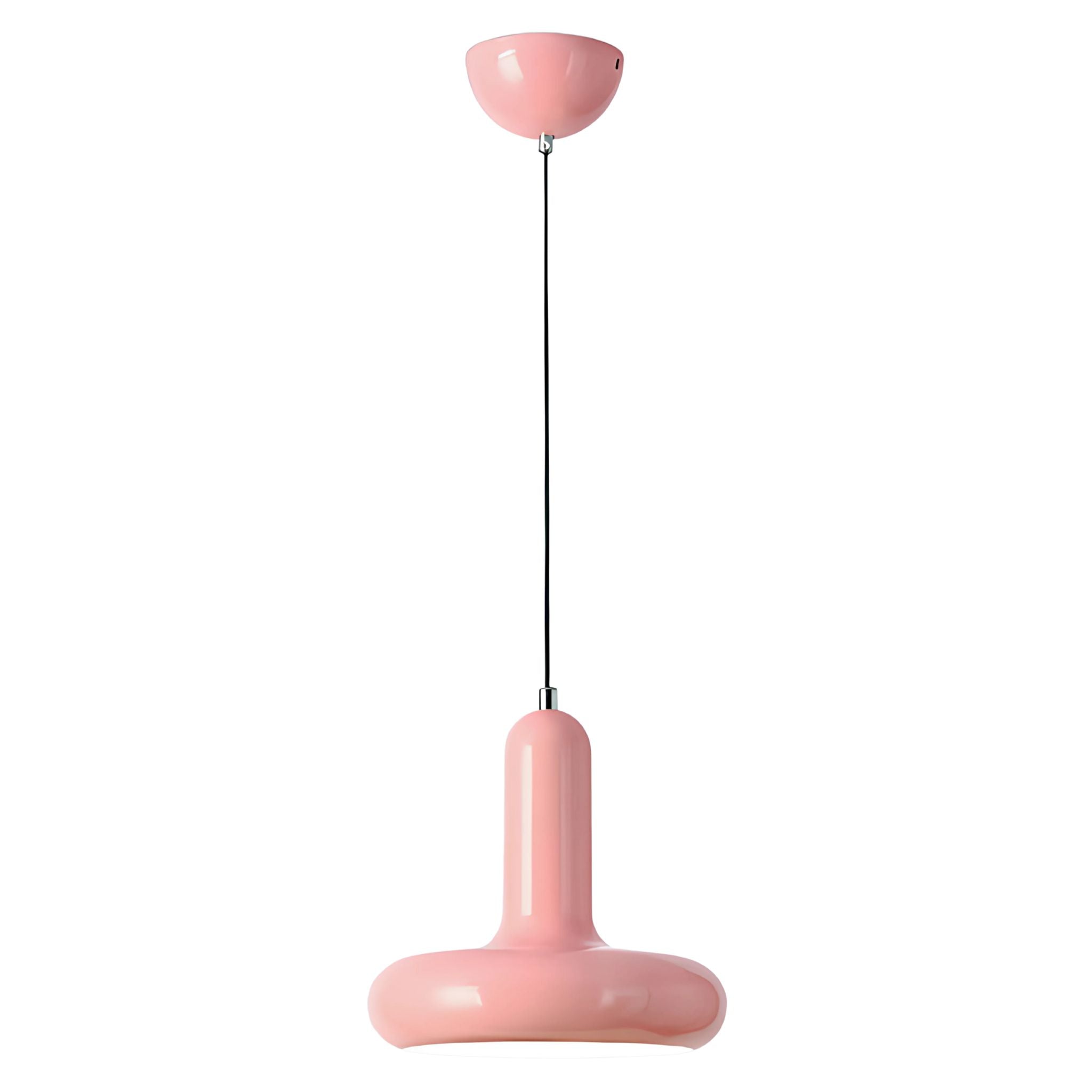A baby pink, metallic, Bauhaus inspired design ceiling pendant lamp.