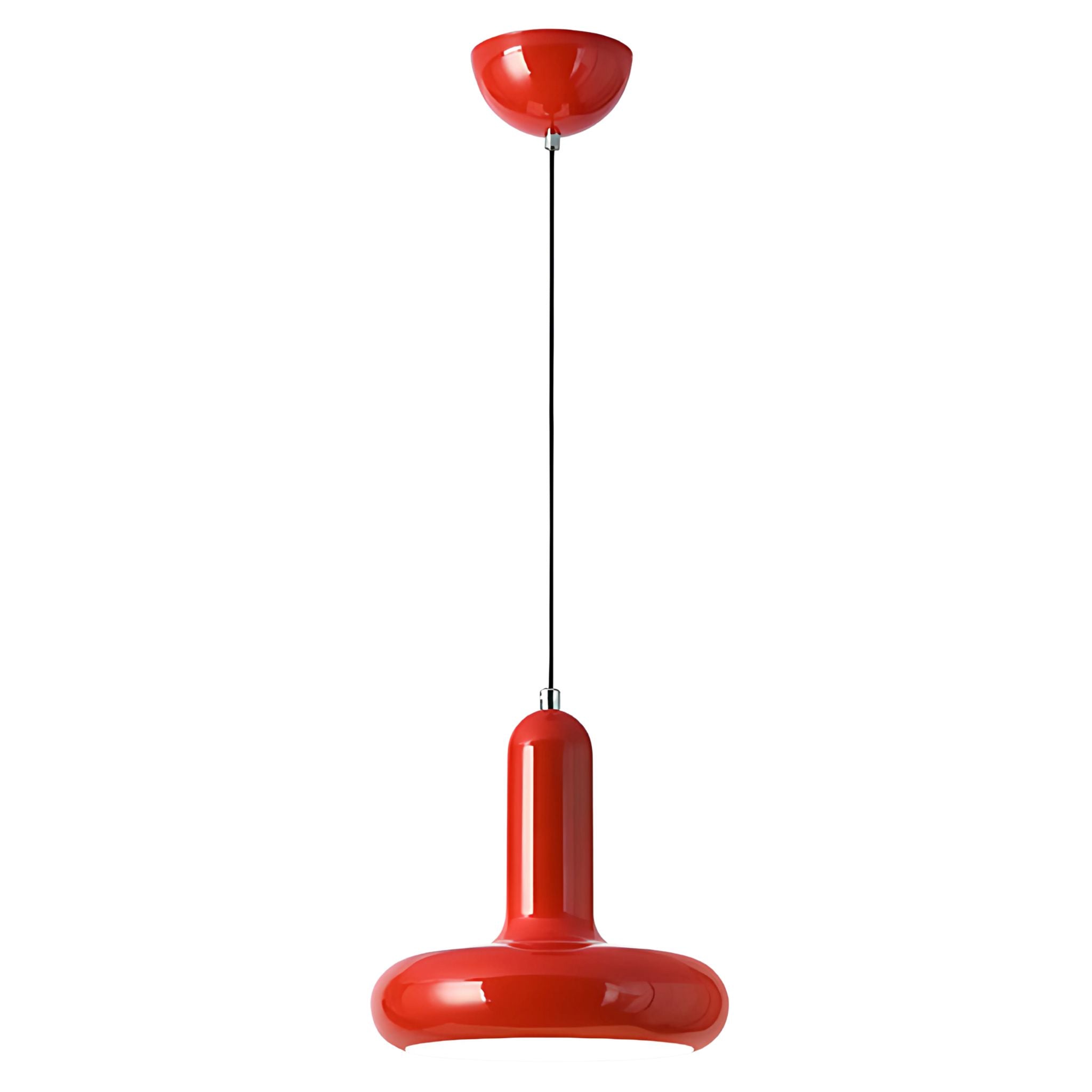A red, metallic, Bauhaus inspired design ceiling pendant lamp.