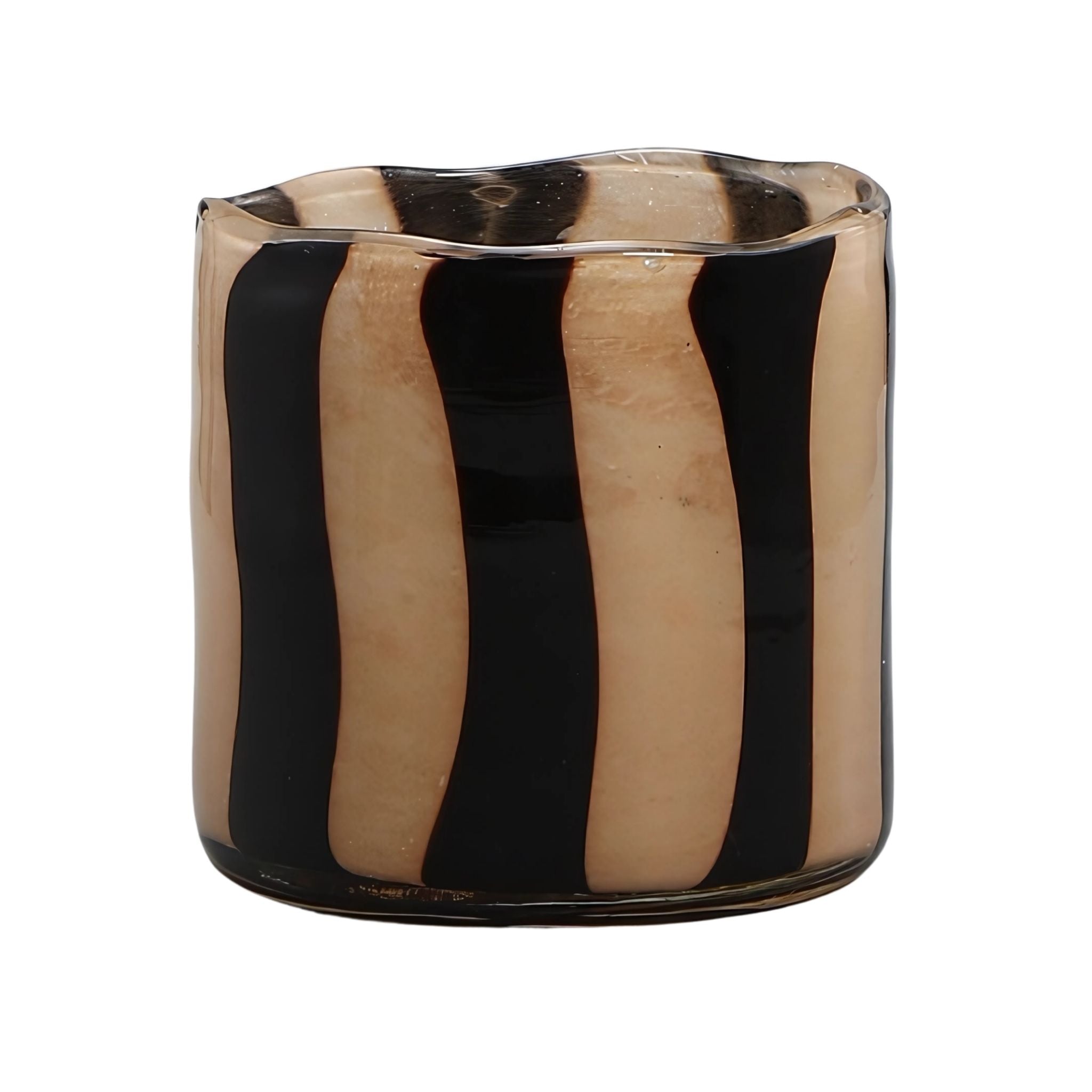 Short, glass, striped candle holder decor in beige and black.