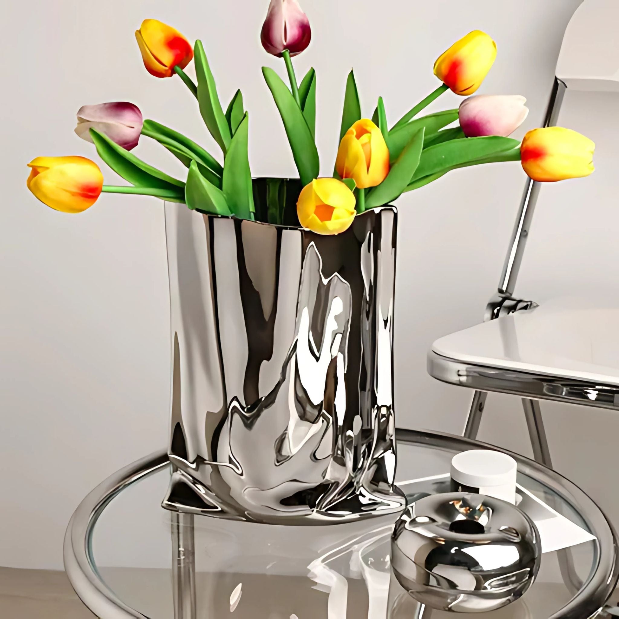 Silver chrome bag design vase with yellow tulips.