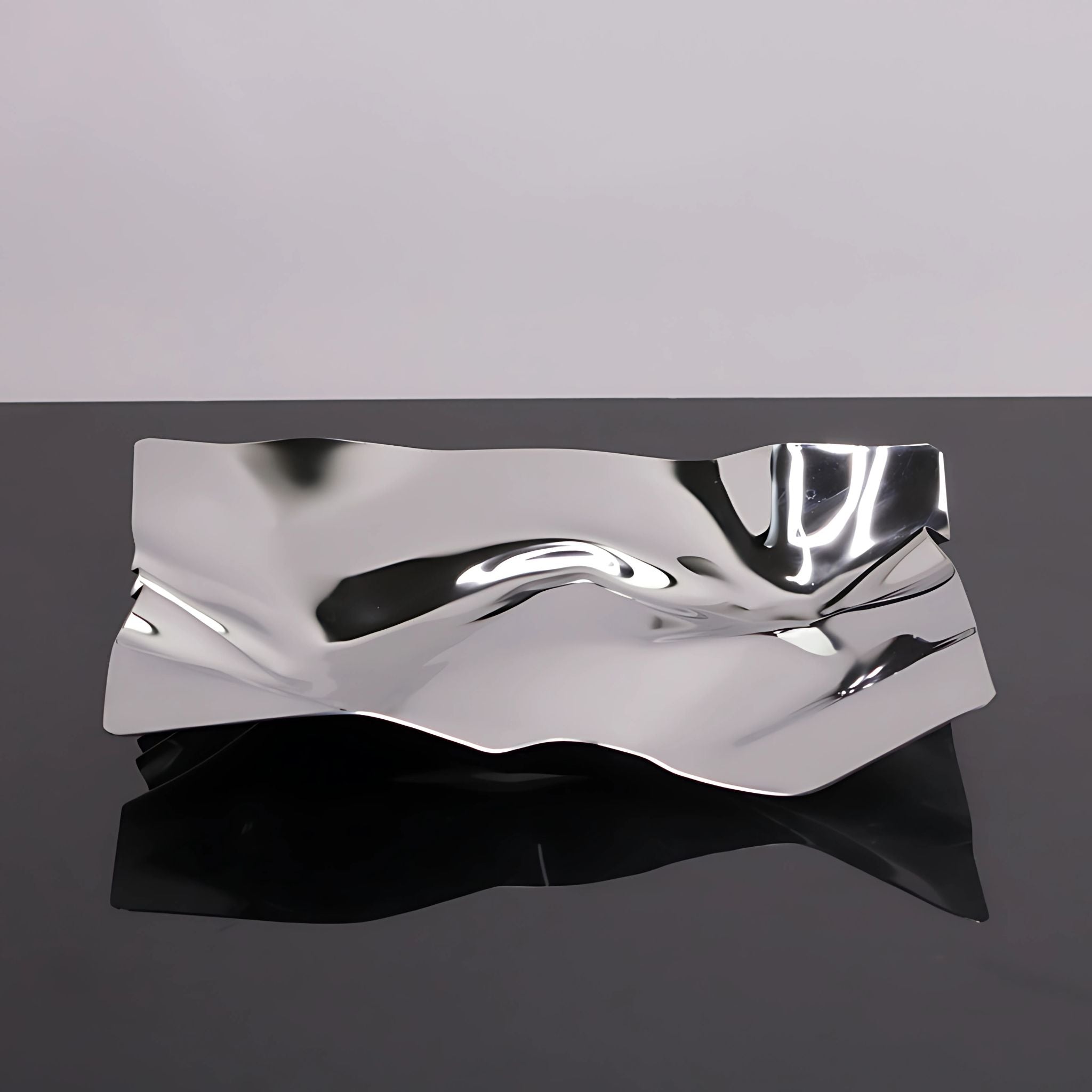 Silver, chrome, metallic, decorative, square table tray with foil paper design.