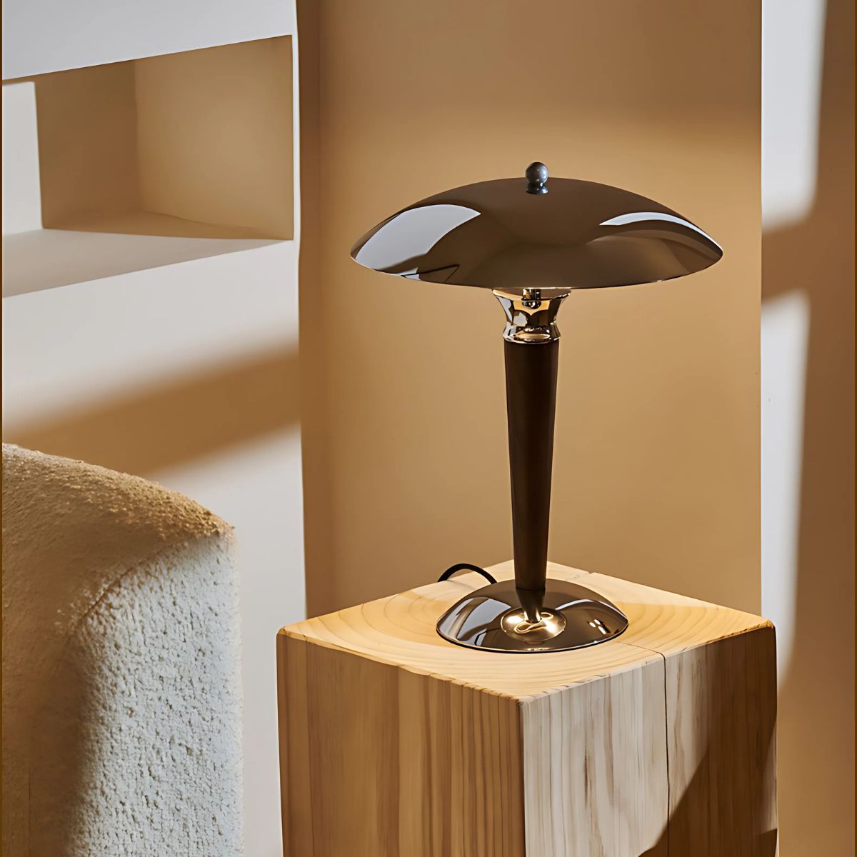 Table lamp with stainless steel silver lamp shade and base on wooden coffee table in modern living room.