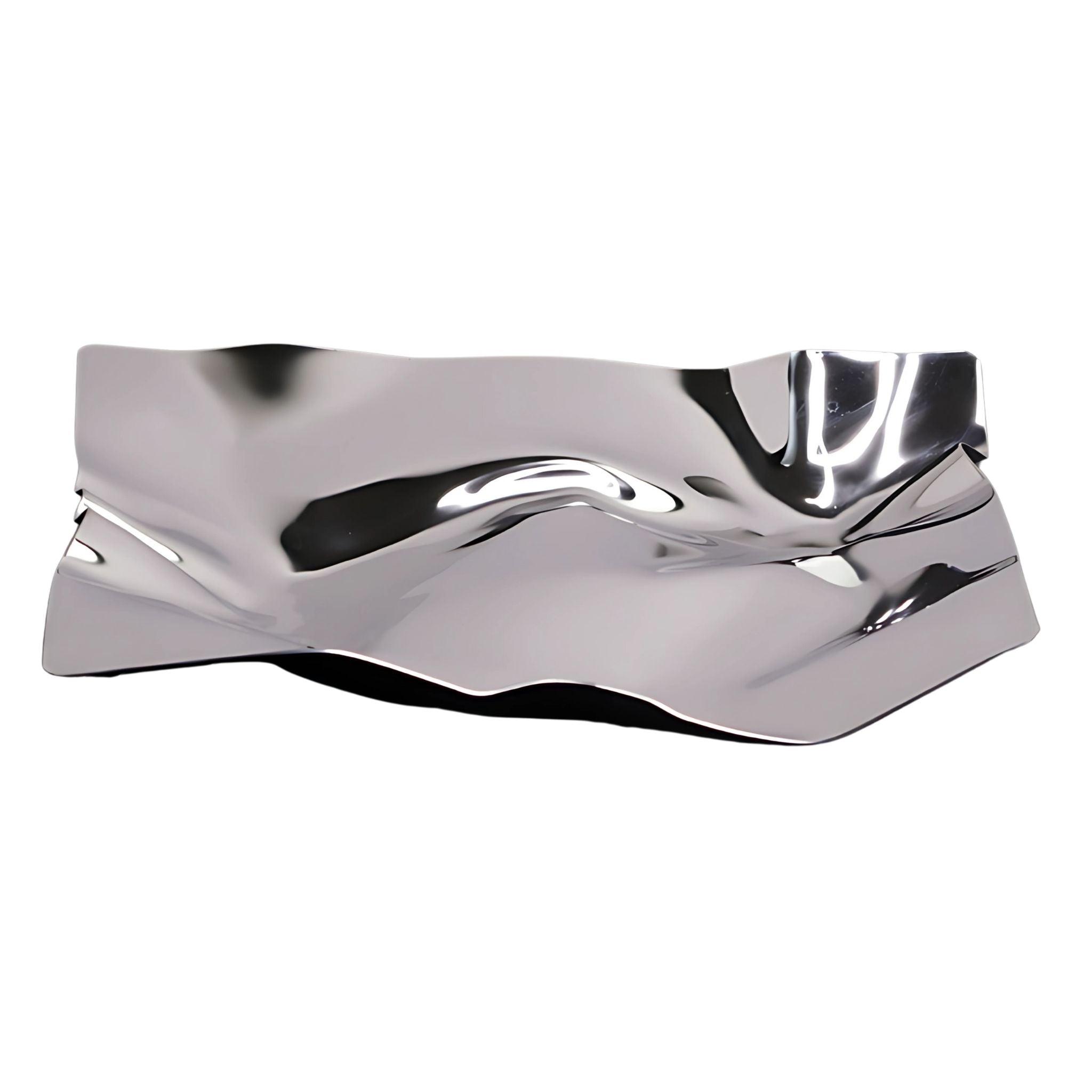 Silver, metallic chrome square tray with wrapped paper design.