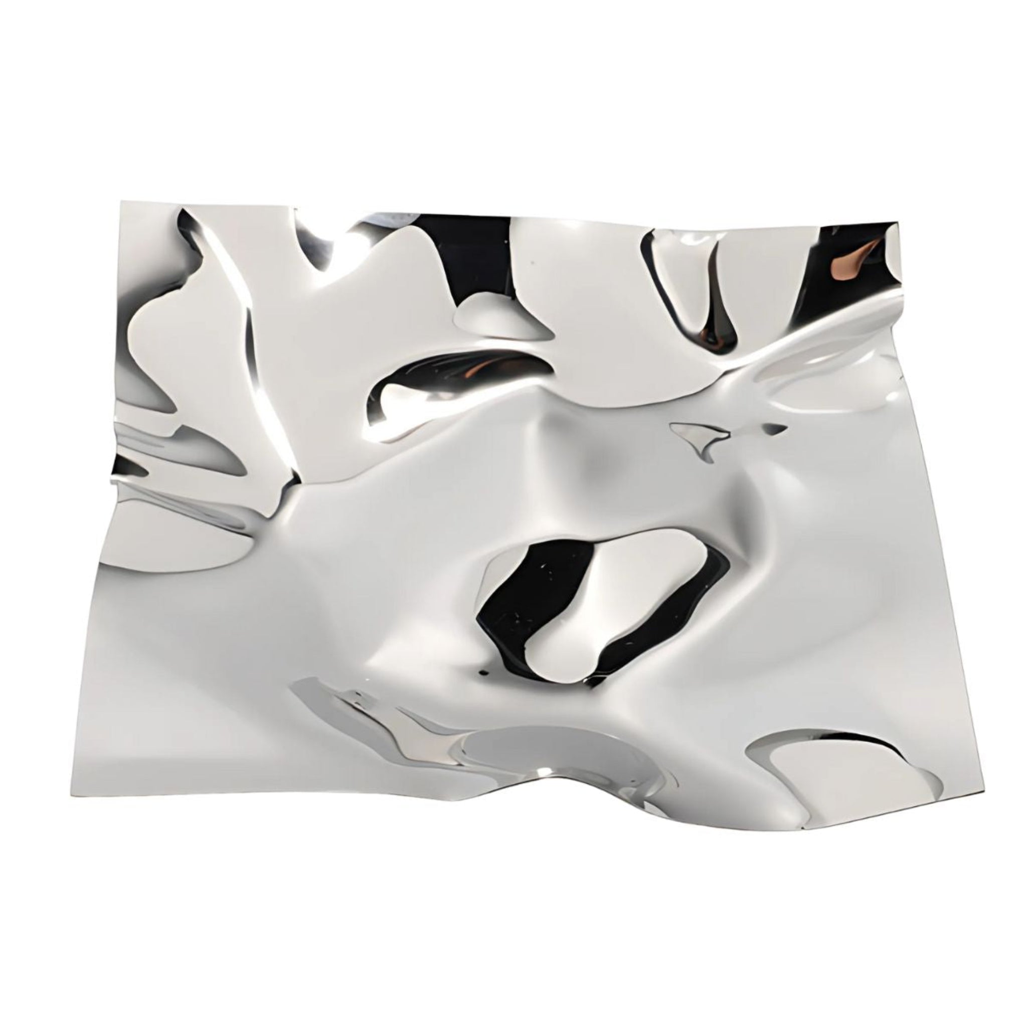 Square, silver, metallic chrome tray with paper wrap design.