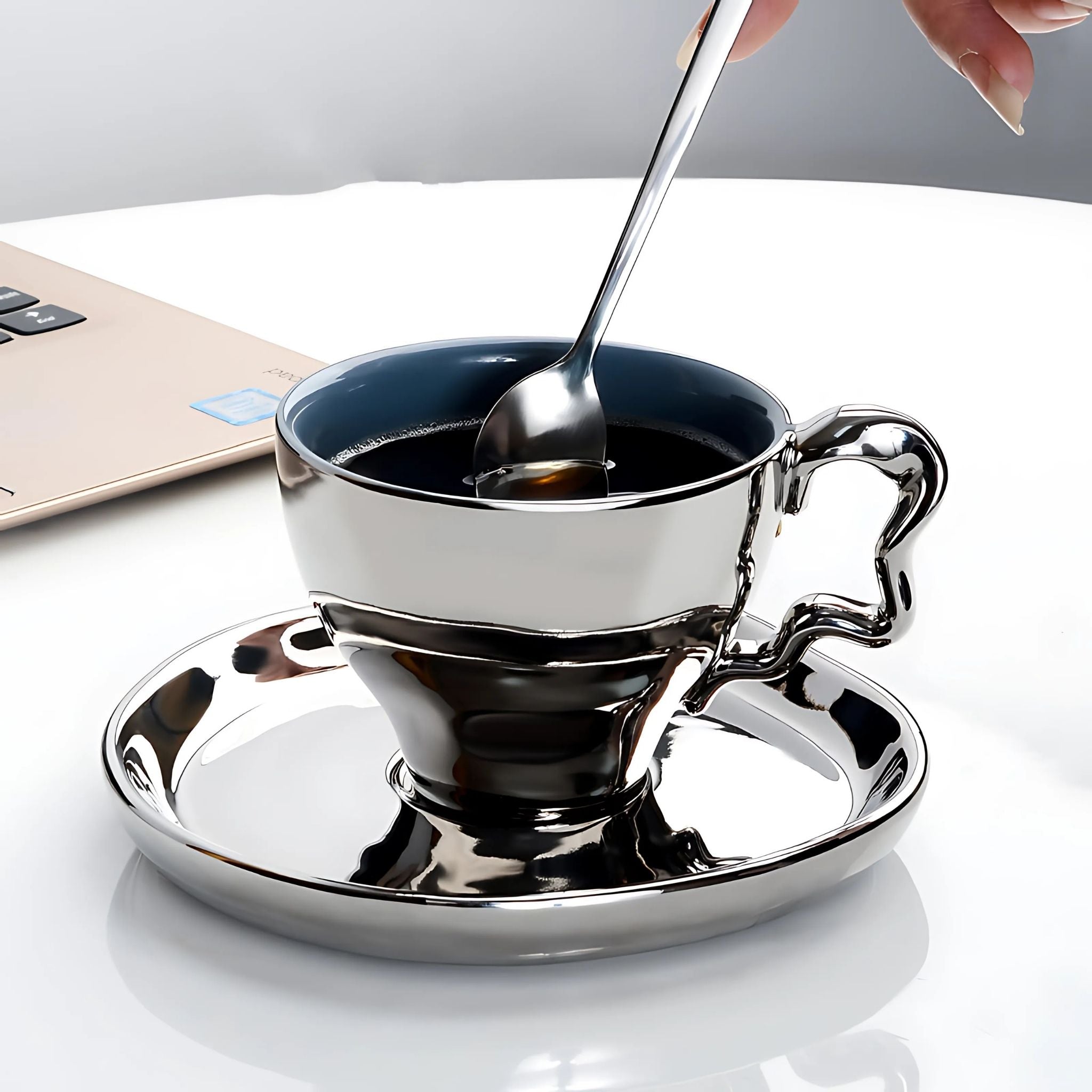 Silver chrome sea cup with plate and stirring spoon on white table.