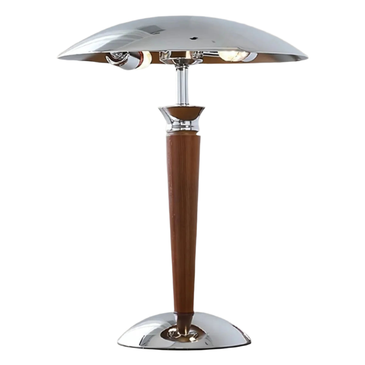 A table lamp with a wooden pole and a silver steel base and lamp shade.