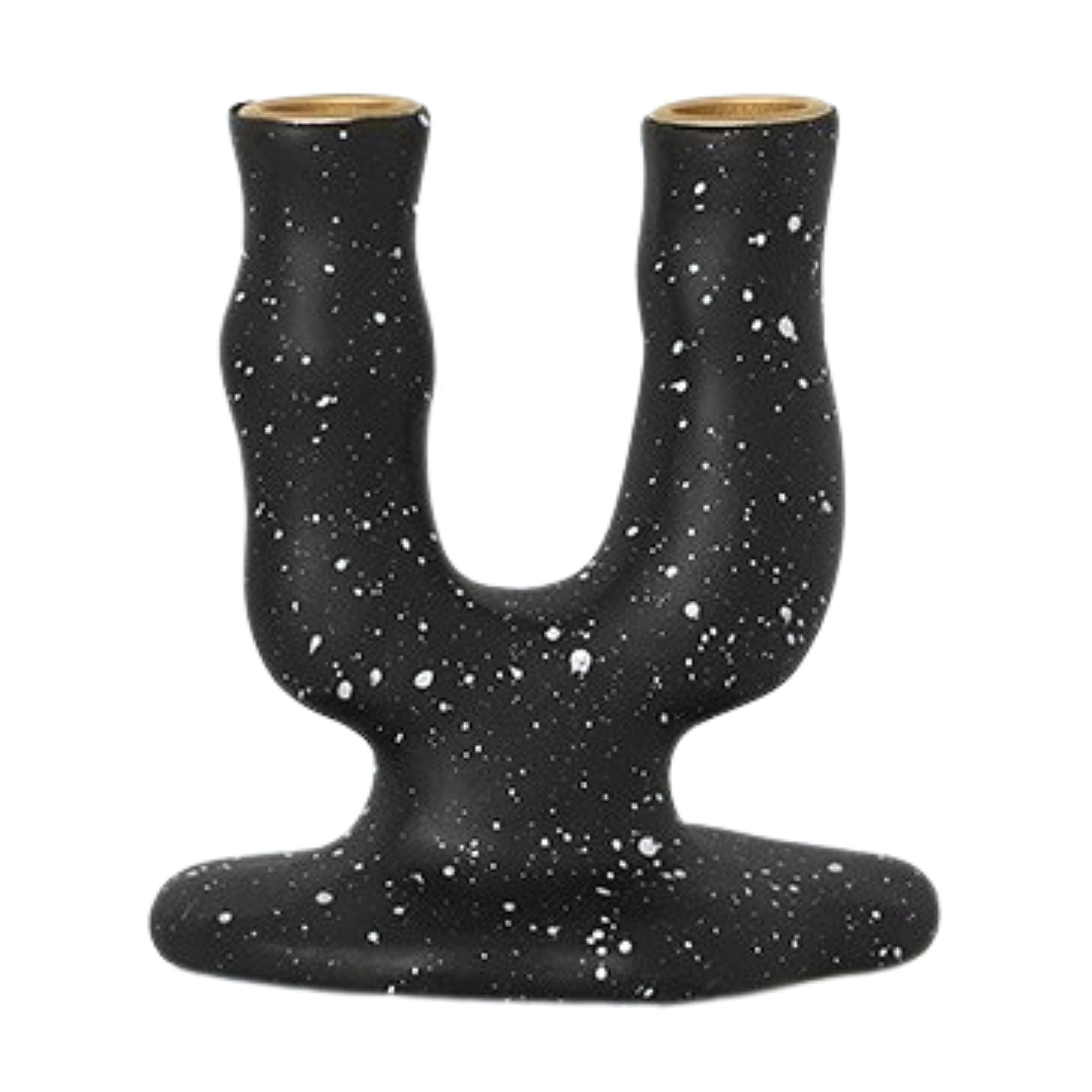 A black, arch shaped splash ink double candlestick holder.