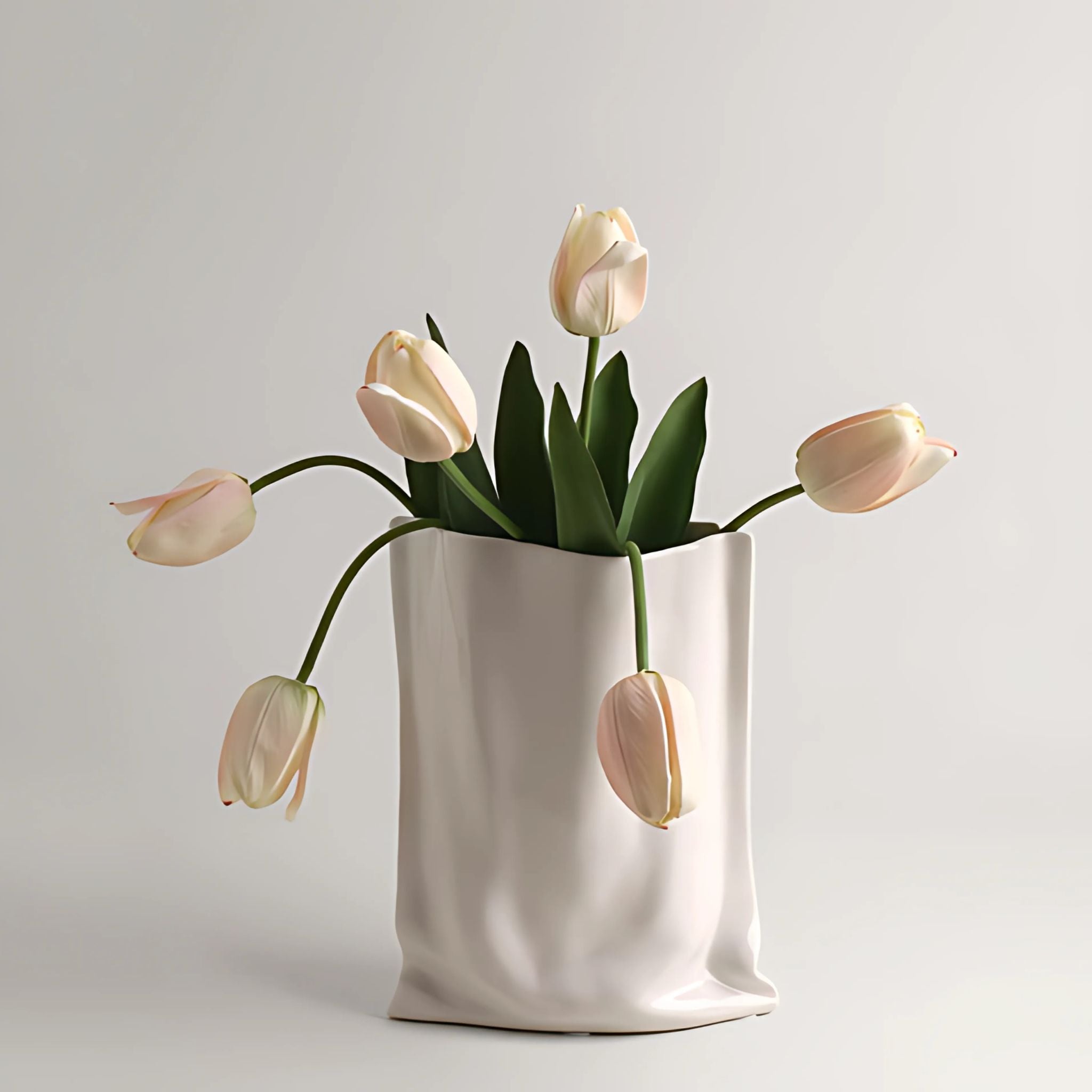 White, ceramic, paper bag design vase with white tulips.