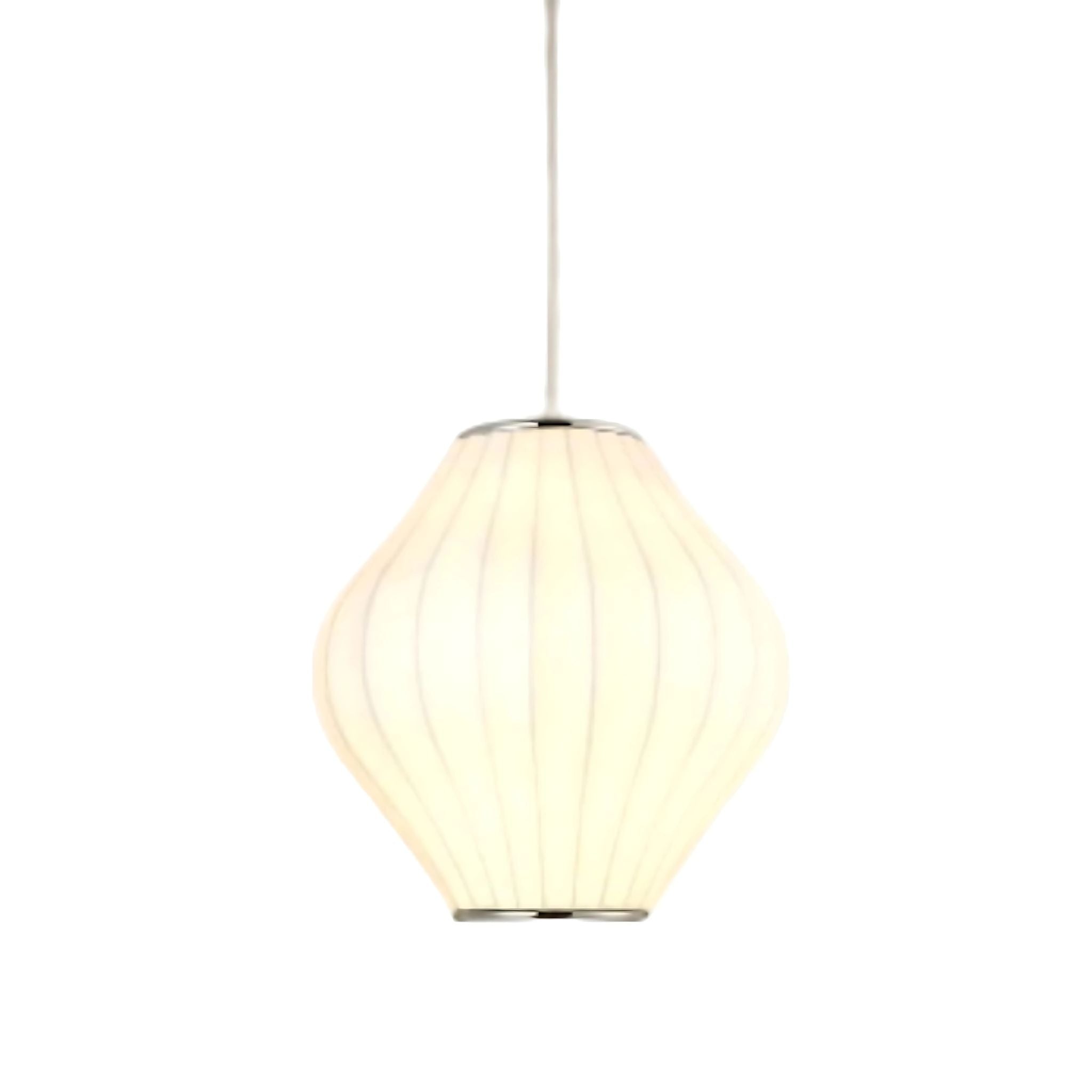 Ceiling lighting diamond shape pendant with white fabric lamp shade.