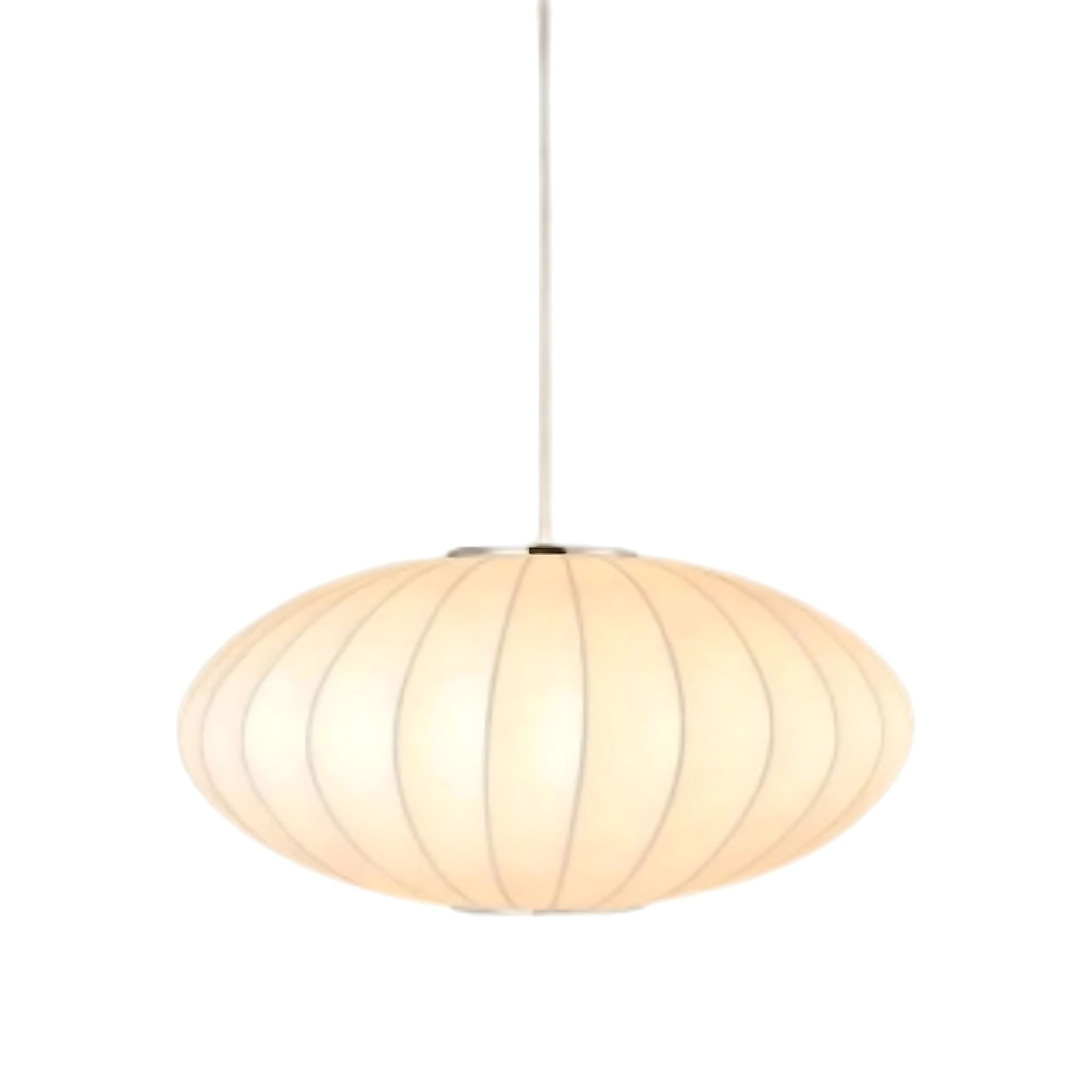 White fabric saucer shaped pendant ceiling light.