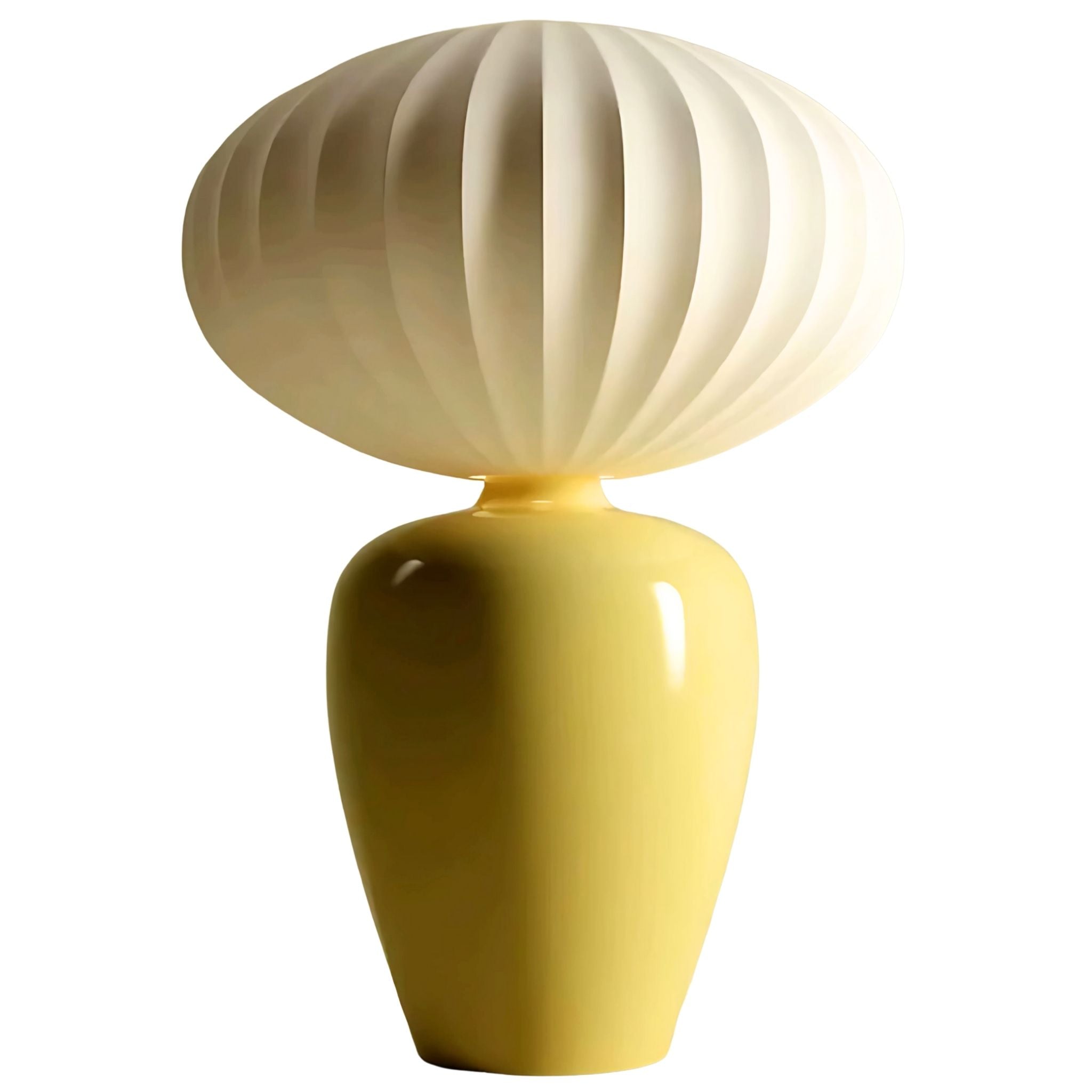 Modern table lamp with yellow, ceramic base and white, round lamp shade.