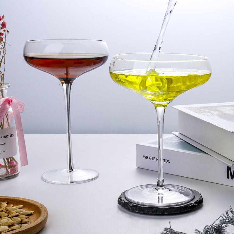 Modern glass stemware margarita cocktail glasses.