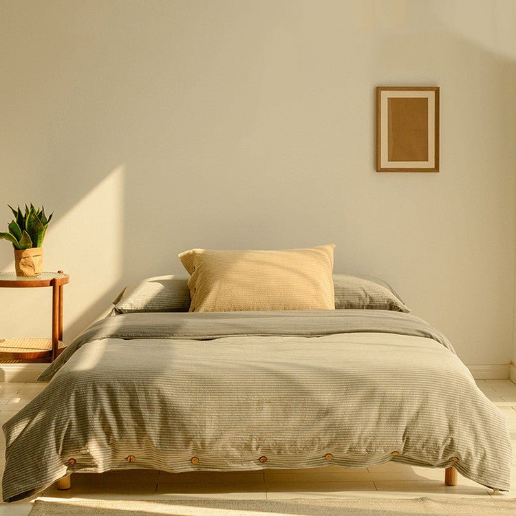 Minimalist Nordic design green stripe crisp bedding set.