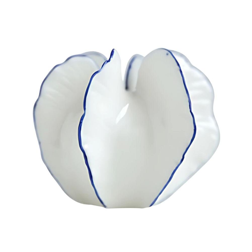 Short style white ceramic vase with blue lines.