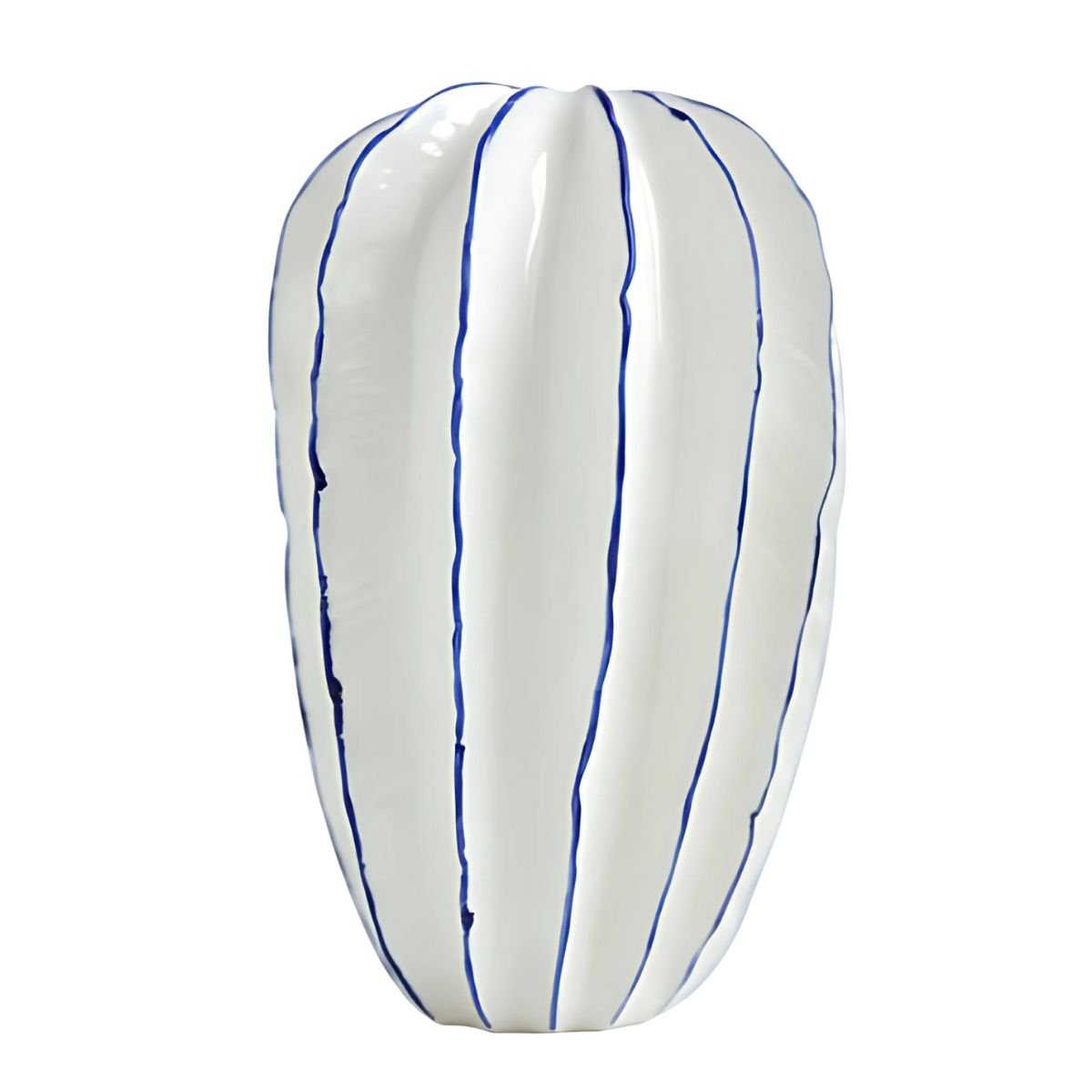 White, ceramic vase with blue thin lines.