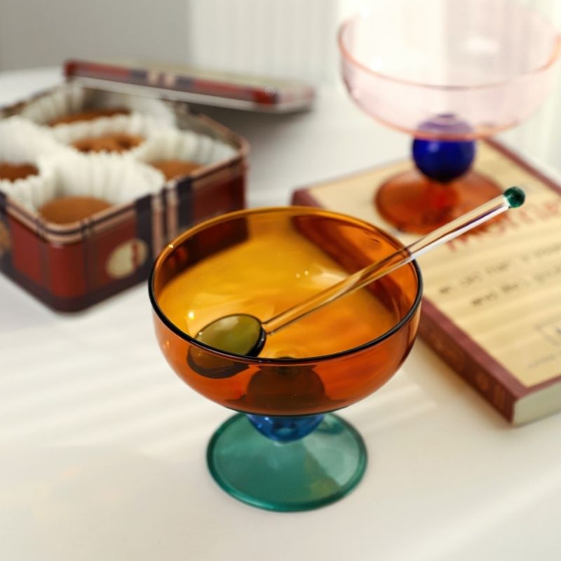Colourful glass goblet dessert bowl.