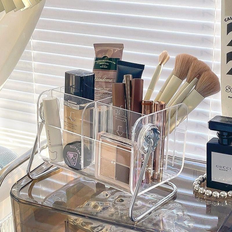 Acrylic makeup brush storage desktop system.