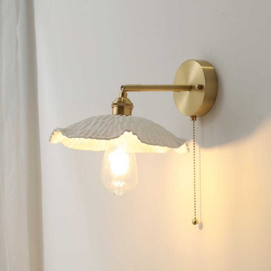 Bedside wall lamp, white ceramic flower shade and gold