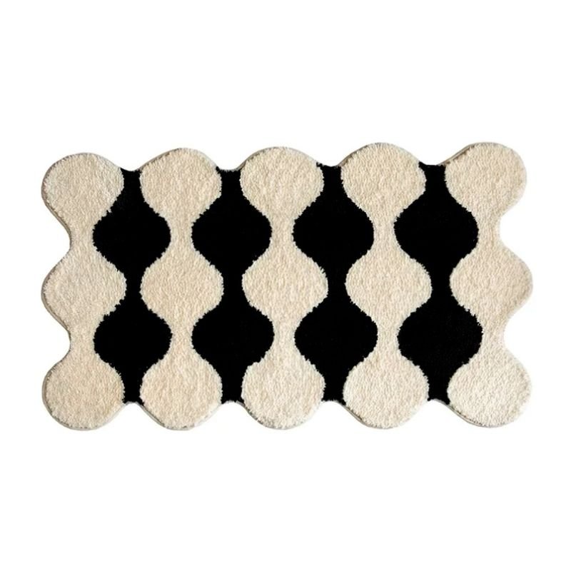Black and white decorative geometric circle floor carpet.