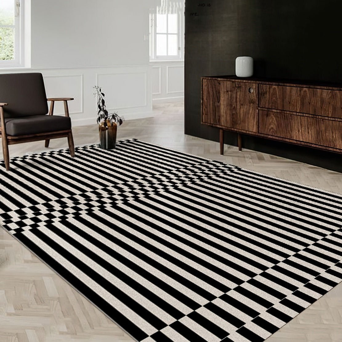 Modern living room with a black and white optical line floor rug.