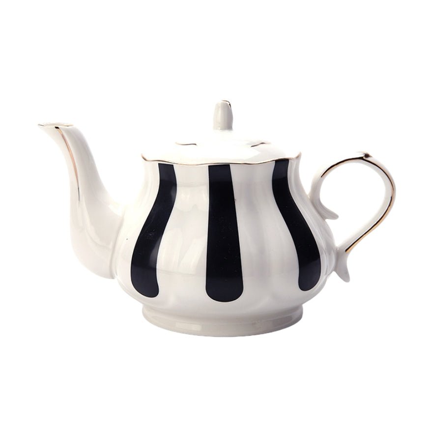 Black and white striped tea pot.