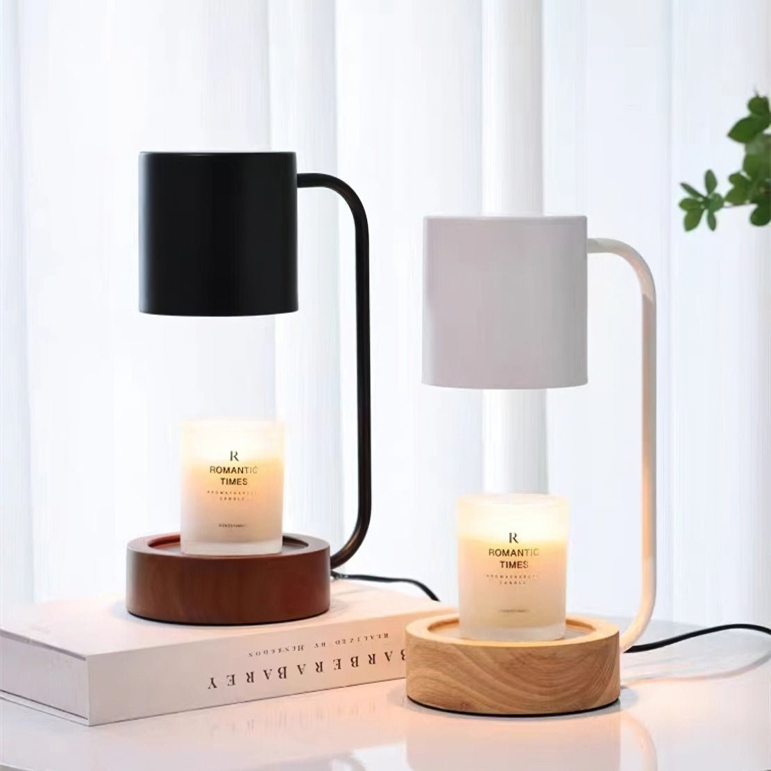 Modern white and black wooden candle melting table lamps.