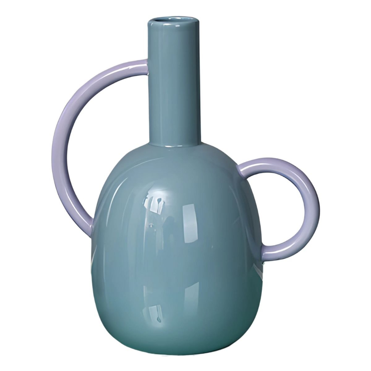 A blue, bottle pitcher vase with purple handle.