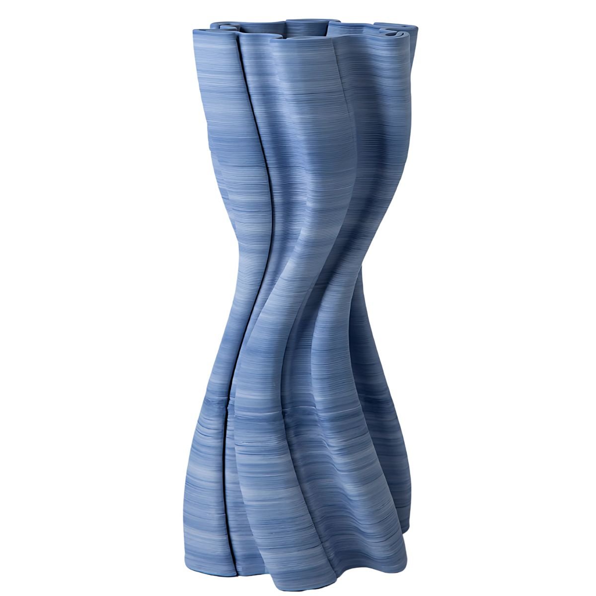 A blue, ceramic vase with a wavy, asymmetrical design.