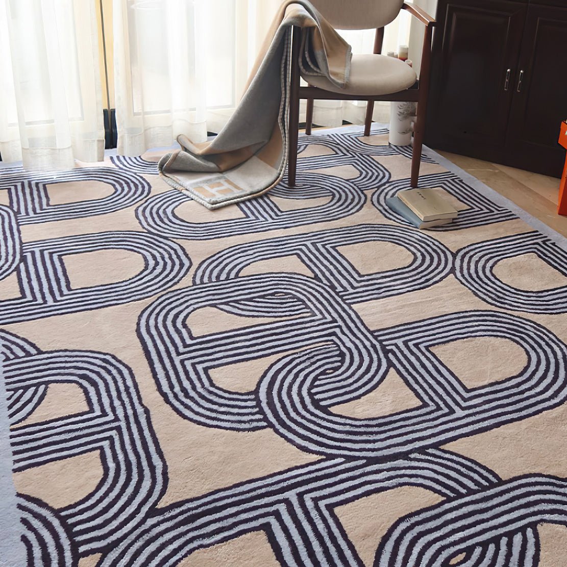 Blue and white geometric modern floor carpet.