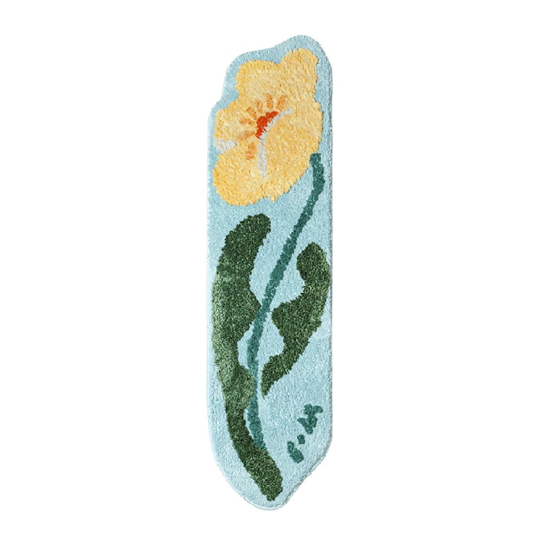 Blue, yellow and green flower floor rug.
