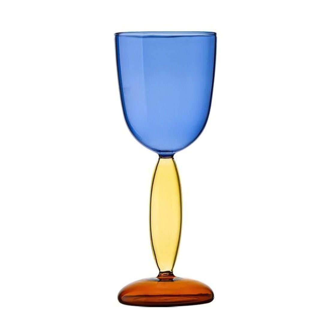 Blue glass goblet with yellow stem and amber bottom.