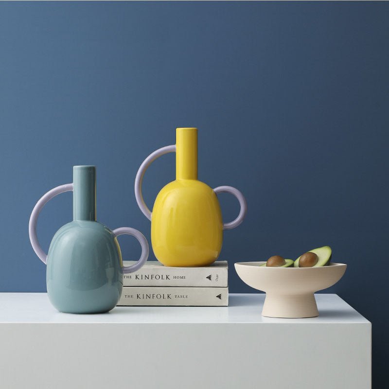 Kitchen decor bottle pitcher vases in blue and yellow.