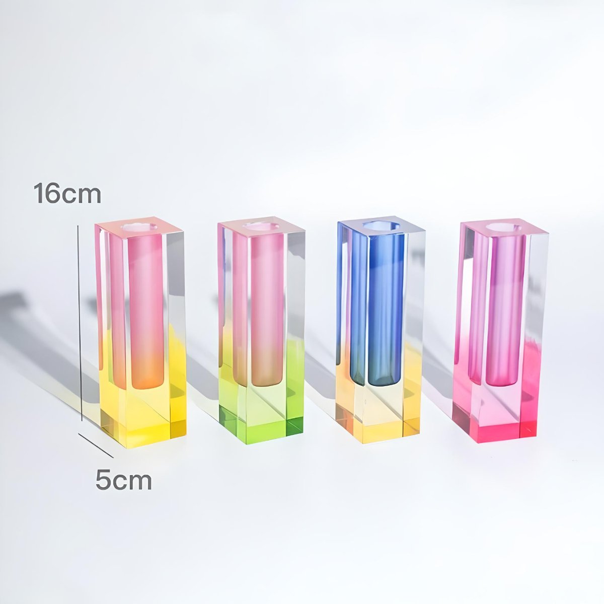 colourful gradient design acrylic cylinder vases size lineup.