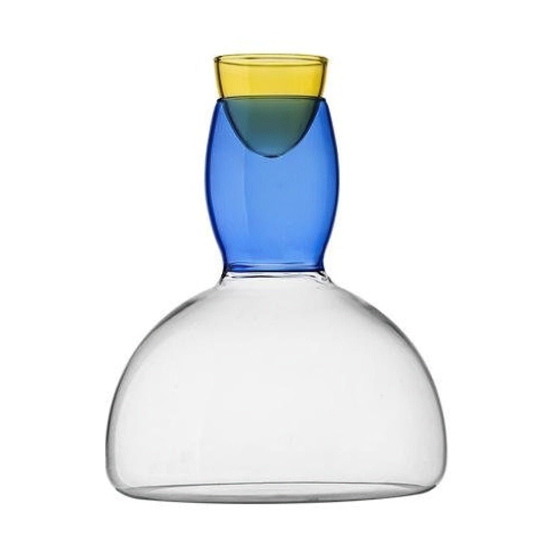 Glassware drinking can with blue and yellow top.