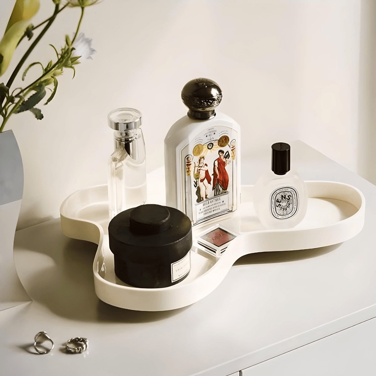 white modern vanity display tray for jewellery and cosmetics.