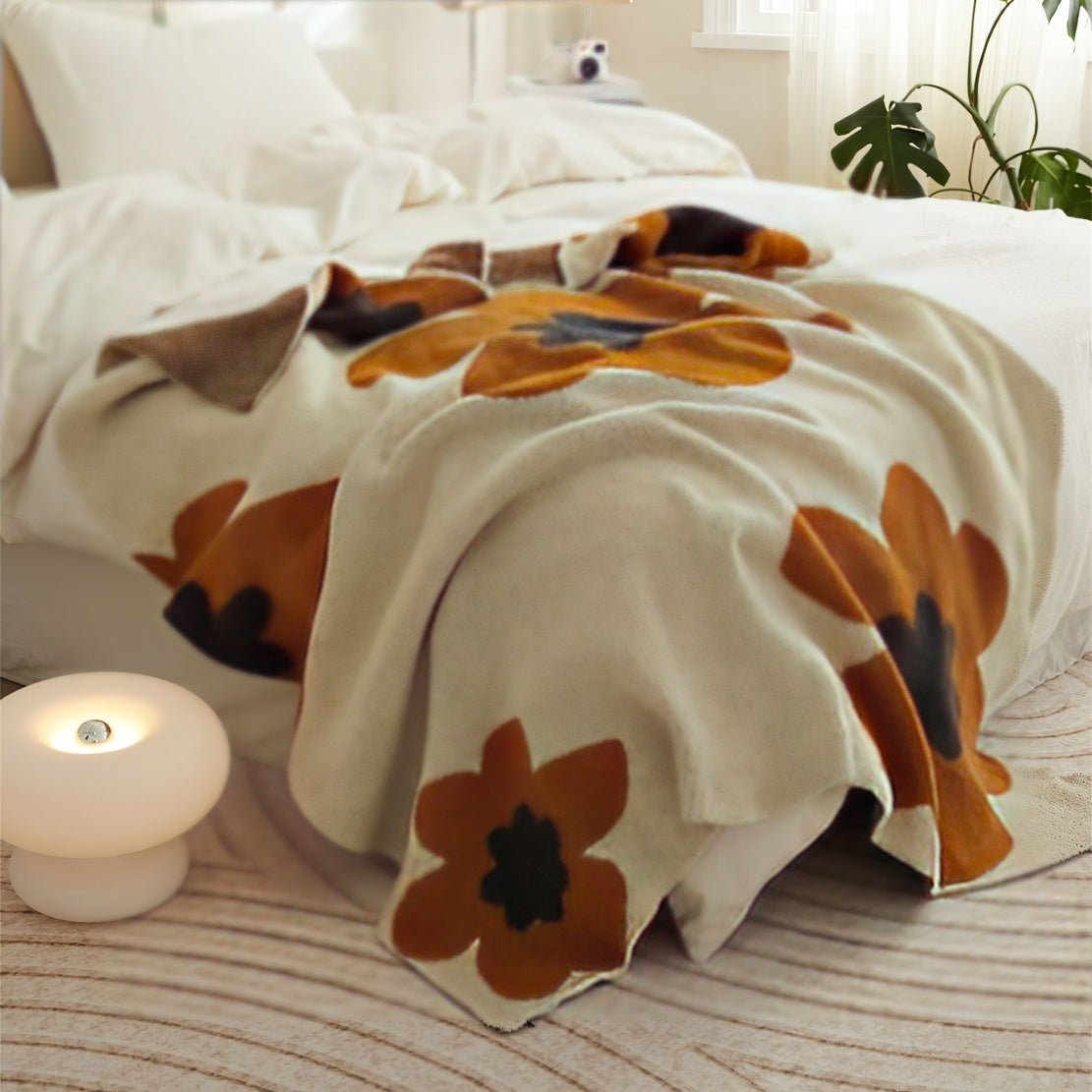 Beige, amber and brown sunflower throw blanket for bedroom.