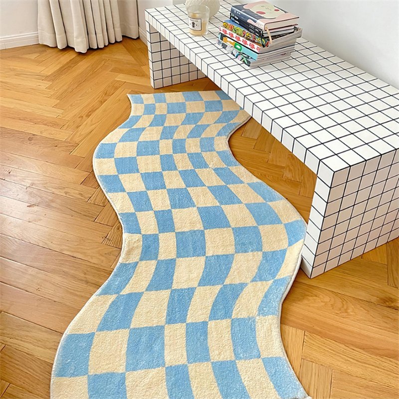 Cute bedroom floor carpet wavy checks rug in white and baby blue.