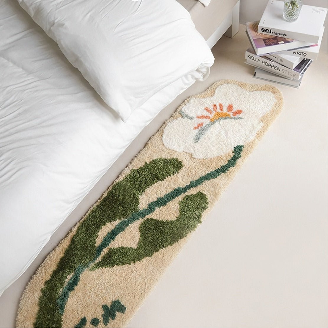 Elegant bedside flower floor rug.